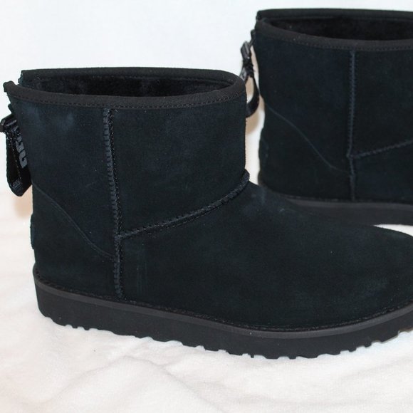NIB UGG WOMEN'S MINI ZIP LOGO SUEDE SHEARLING BOOTS BLACK - Picture 6 of 11